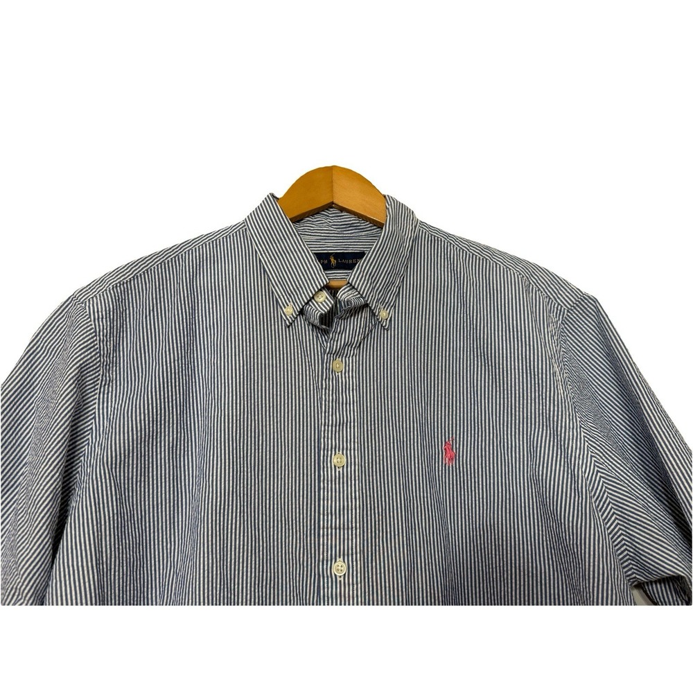 Ralph Lauren Untucked Fit Navy White Stripe Seersucker Shirt XL Pink Pony Polo